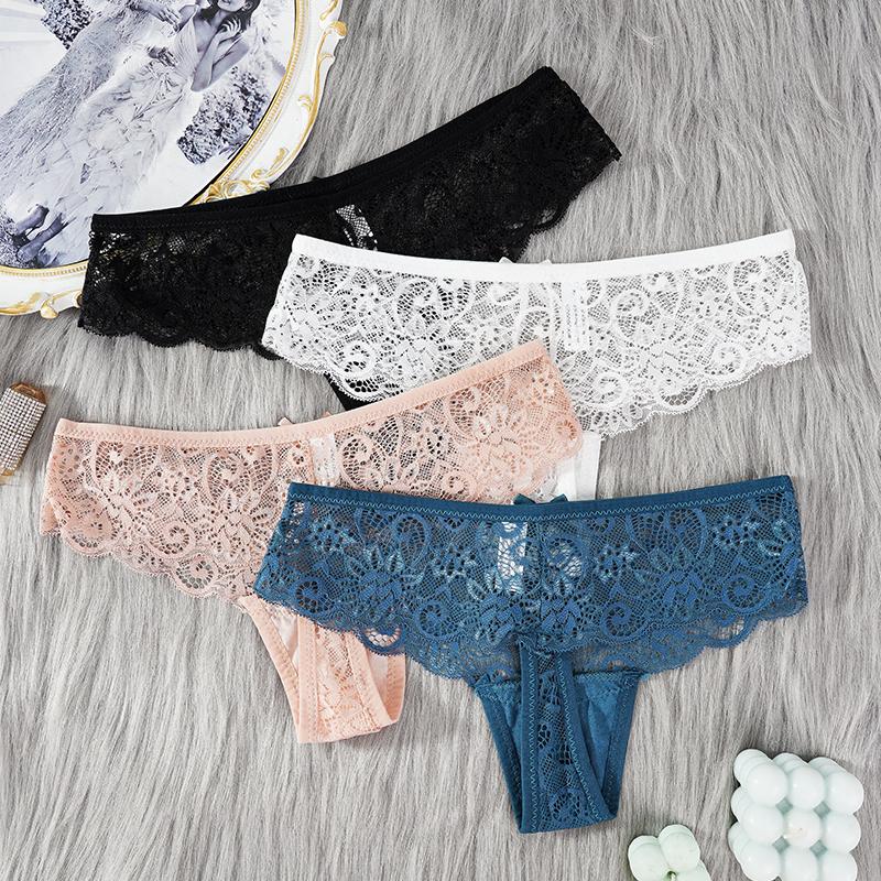 Sexy Lace Thong Women Low Waist Panties Transparent Hollow Out Lingerie Comfortable Elastic Underwear