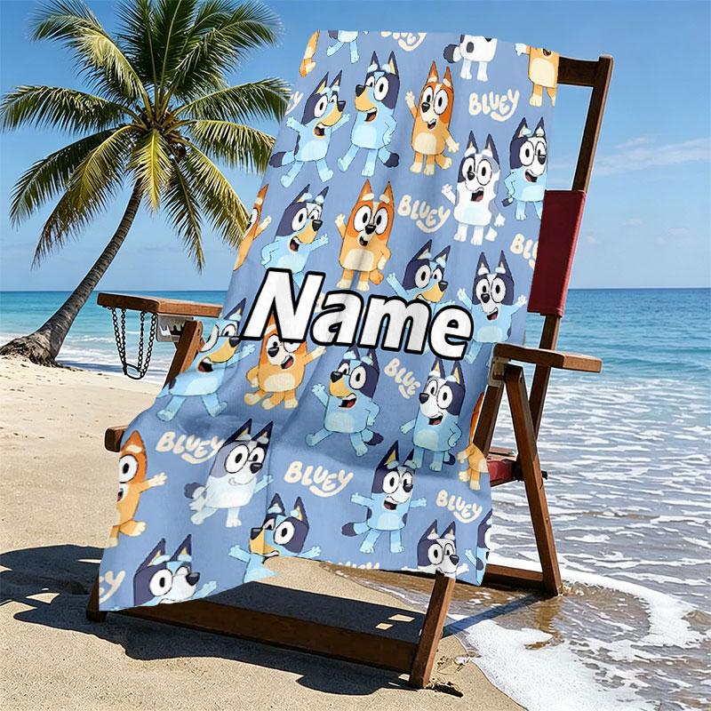 Custom Name Personalized Bluey Print Beach Towel, for Trip Camping Beach Party Home Decor, Birthday Gift for Family & Friends
