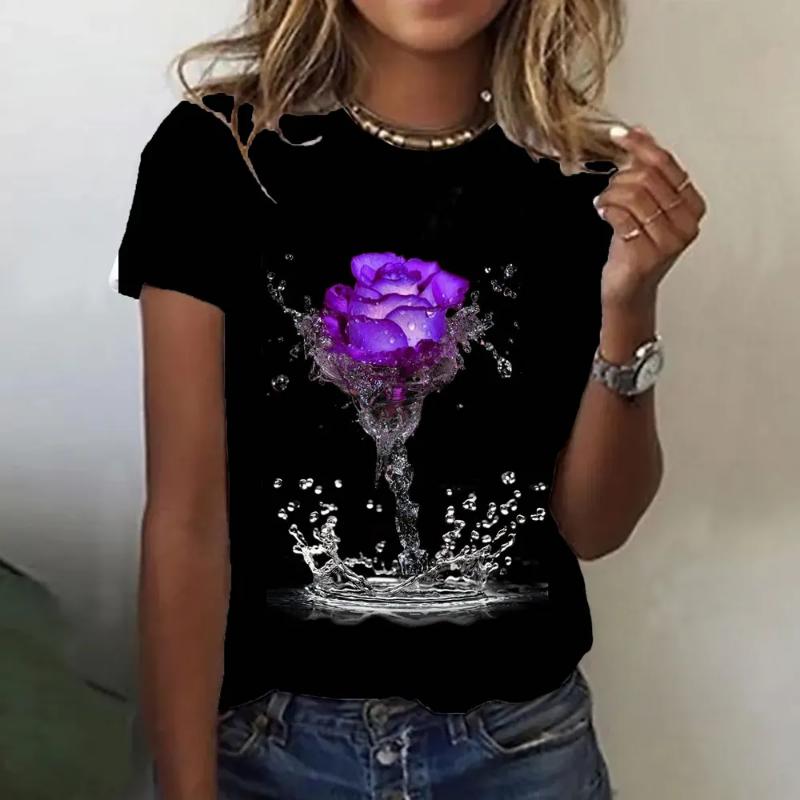 

Fashion Women s Crew Neck Short Sleeve 3D Flower Color Printing Flower Short Sleeve Crew Neck T-Shirt 6XL