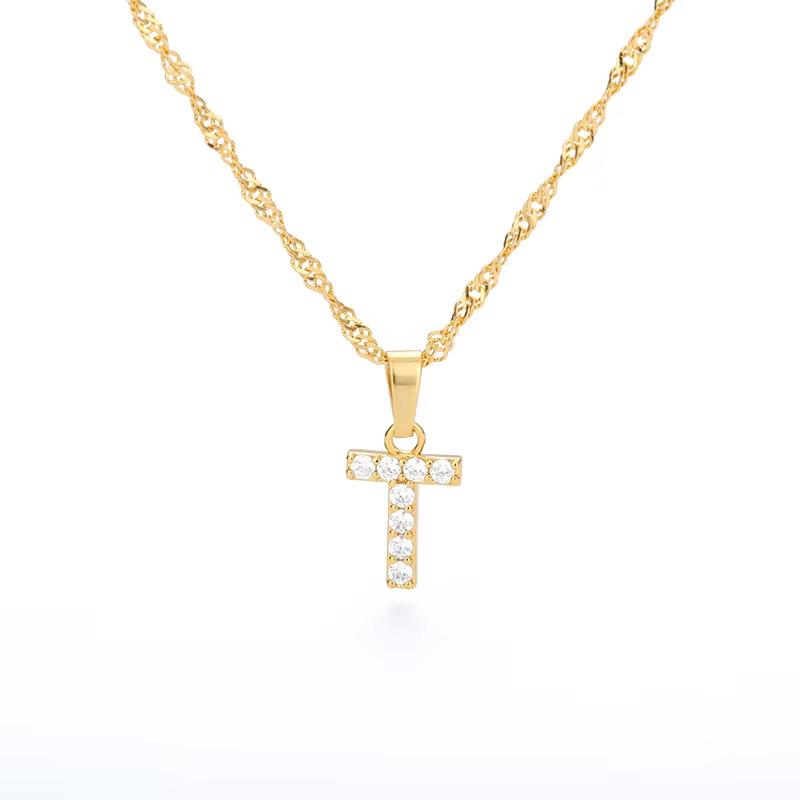 New English letter necklace plated with real gold and slightly inlaid with zircon letter pendant stainless steel chain