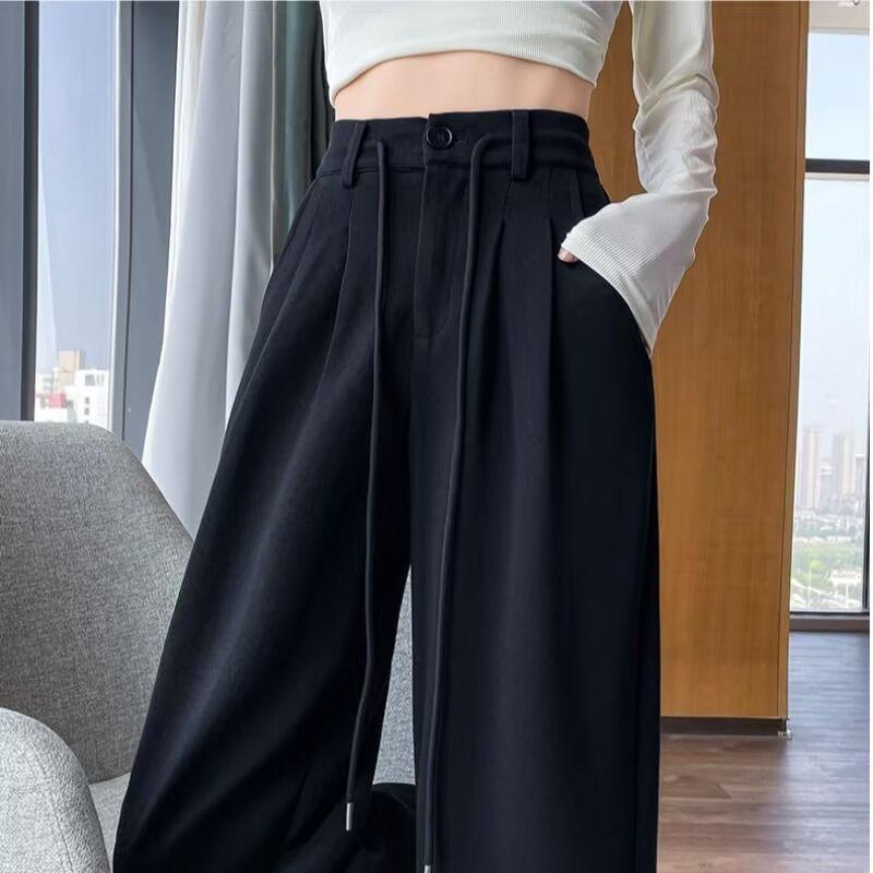 Women's Gray High-Waisted Wide-Leg Sweatpants - Casual Drawstring Fit for Autumn and Winter