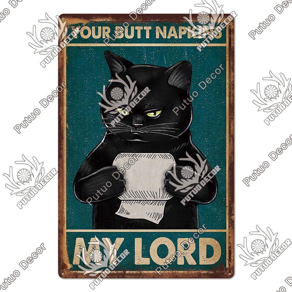 Putuo Decor Black Funny Cat Metal Sign Vintage Plaque Metal Retro Animals Tin Poster for Living Room Home Decoration Wall Decor