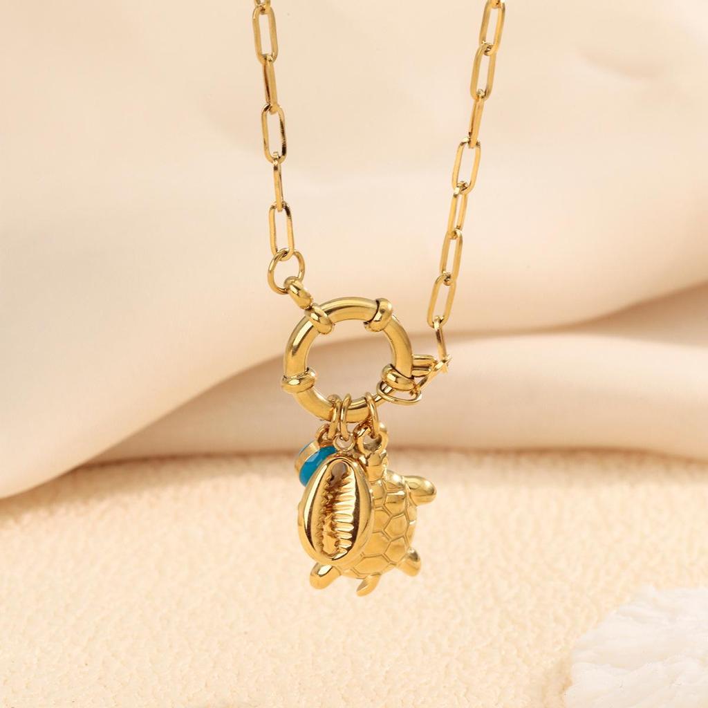 18K Gold Ocean-Style Detachable Pendant Necklace: Turtle, Anchor & Fishbone Design