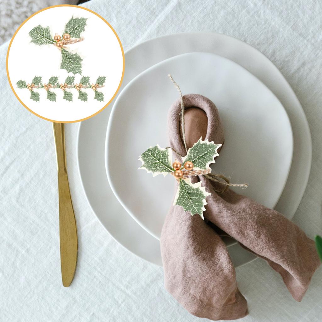6pcs Napkin Rings Christmas Table Decor Berry Leaf Design Serviette Clasps For Party Dining Home Xmas Decoration