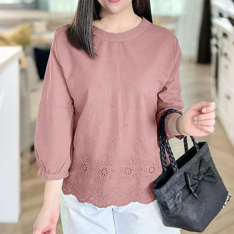 ZANZEA Women Casual Round Neck 3/4 Sleeve Splice Crochet Blouse S розовый