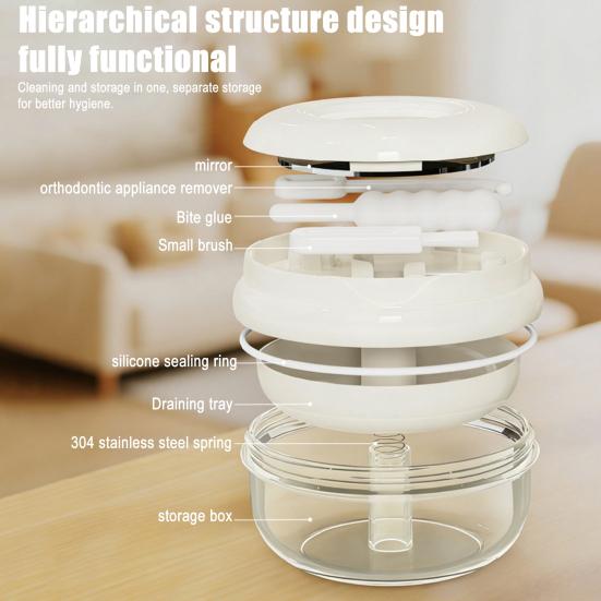 Travel Retainer Case Denture Bath Box with Strainer Basket Portable Orthodontic Retainer Case with Mirror for Braces Dentures Cleaning