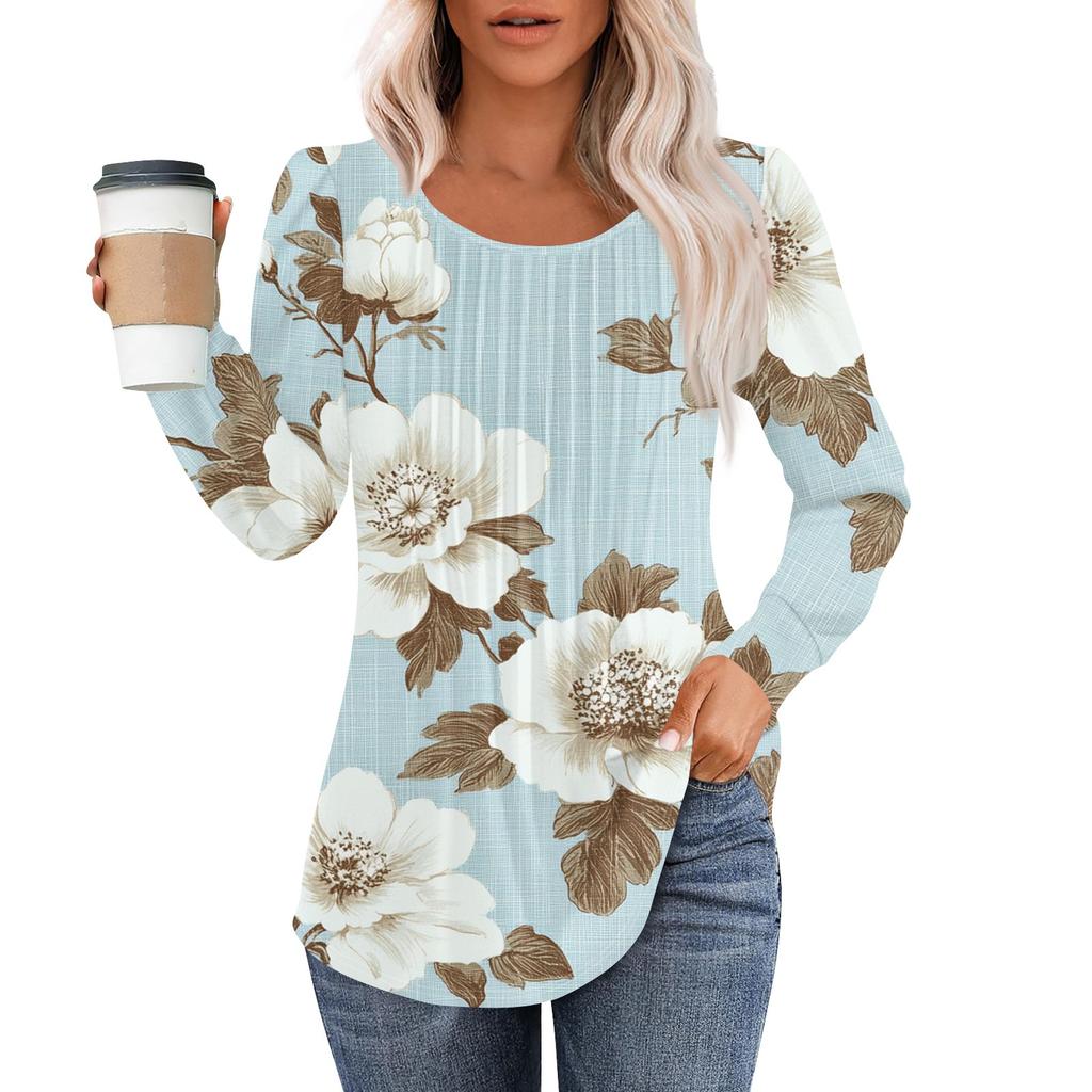 Damenmode Lässig Plissiert Rundhals Vintage Blumendruck Langarm T-Shirt Top