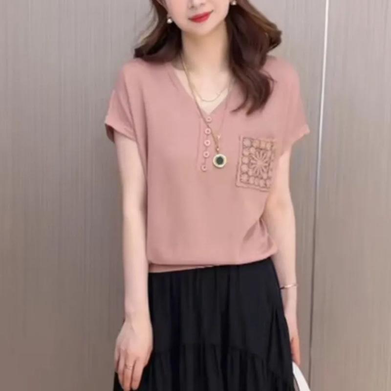 2025 Summer Plus Size Slimming Short Sleeve Loose Top 5X Large розовый