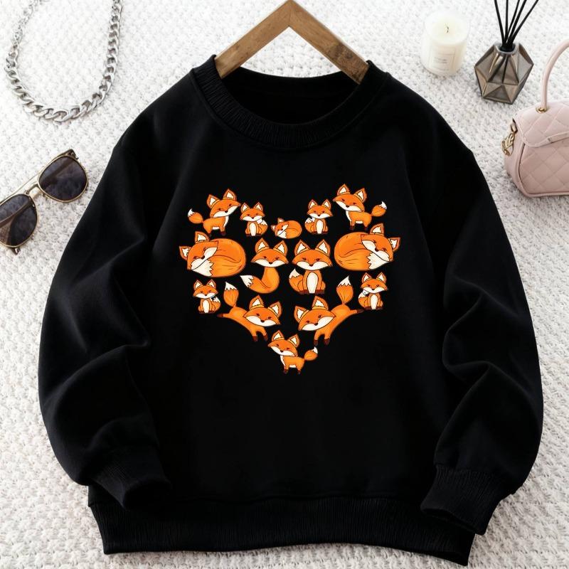 Kids Crewneck Sweatshirt, Fox & Heart Print Casual Fit Long Sleeve Top for Fall Winter Outings