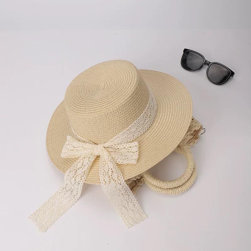 Flat-top straw hat women's straw top hat, new summer big-brimmed sun hat, seaside vacation sun hat
