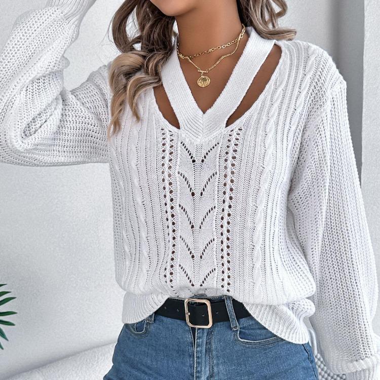 V Neck Women Winter Autumn Casual Long Sleeve Knit Sweater
