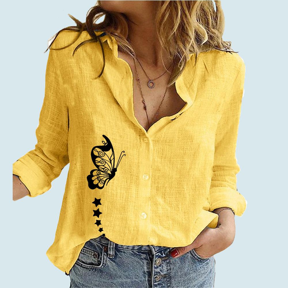 

Женская повседневная рубашка на пуговицах с принтом бабочки, женская мода, весенне-осенний льняной топ с длинными рукавами, женские блузки с длинными рукавами 5XL жёлтый