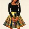 Women's Vintage Square Neck Long Sleeve Halloween Print Evening Dress