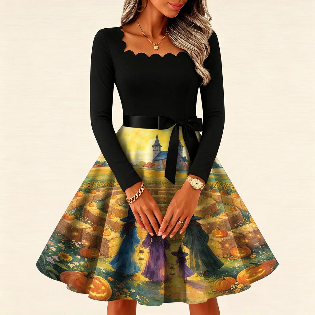 Women's Vintage Square Neck Long Sleeve Halloween Print Evening Dress