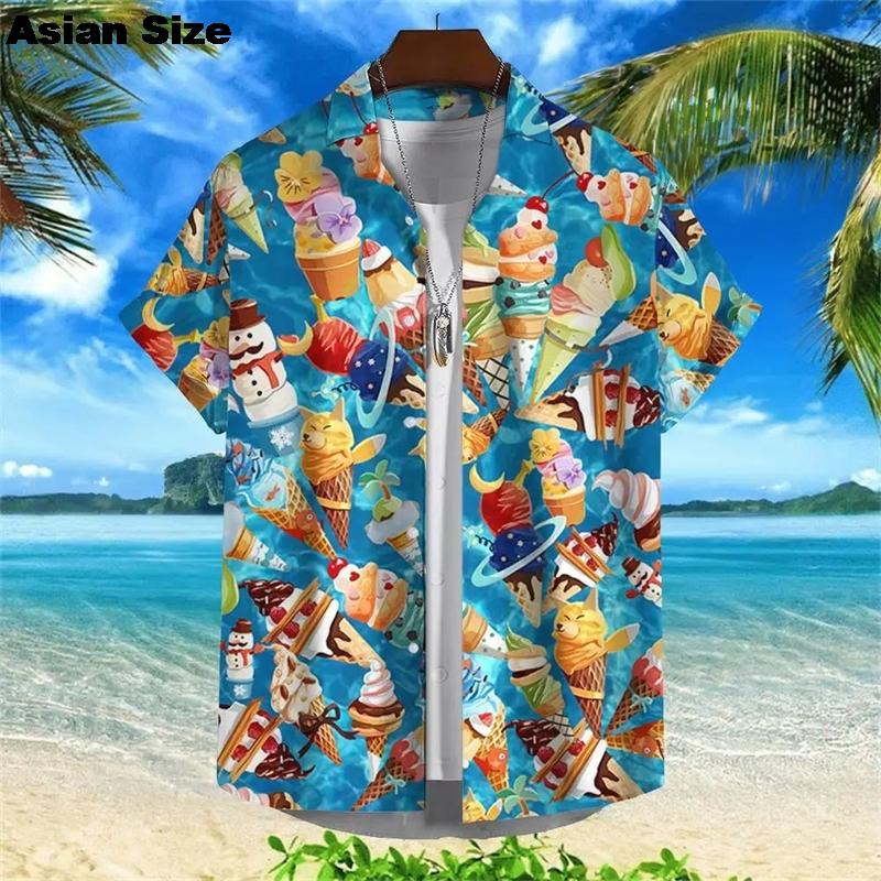 Hawaiian Shirt For Men Summer Cold Ice Cream Short Sleeve Shirt Tops Casual Popsicle Blouses Icecream Female Button Clothes