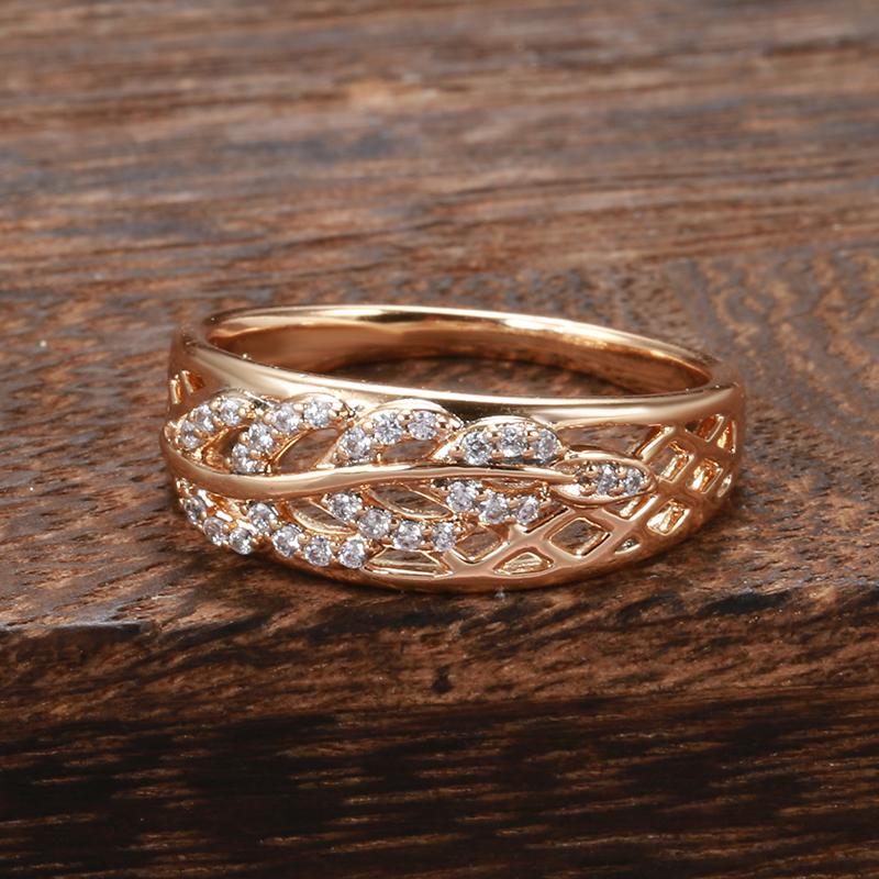 New Fashion Natural Zircon Leaf Ring For Women Rose Gold Geometric Hollow Line Wave Ring Vintage Wedding Fine Jewe