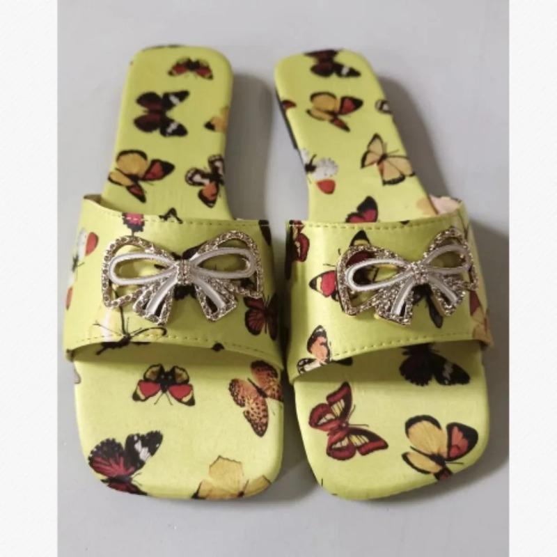 Sandales plates d'été à bout carré pour femmes, nouvelles chaussures à enfiler à bout ouvert avec nœud papillon pour femmes, chaussures de plage décontractées, pantoufles pour femmes