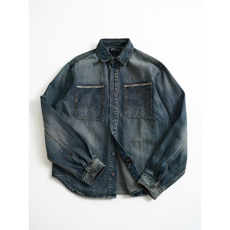 American Retro Heavy Weight Parka Denim Shirt Jacket Bandage Dress Inner Wear Men Long Sleeves Autumn and Winter Foreign Trade Men's Shirt