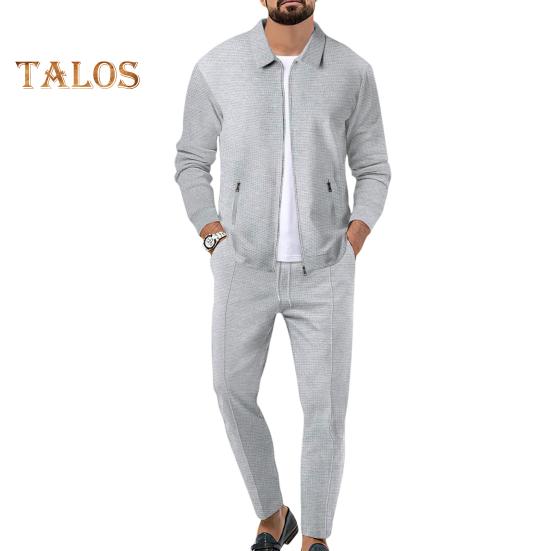 2Pcs/Set Men Outfit Lapel Long Sleeve Zipper Placket Coat Elastic Waist Adjustable Drawstring Long Pants Set