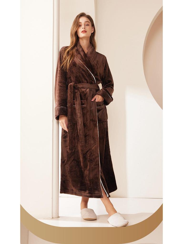 Extra-Long Coral Fleece Bathrobe for Men and Women - Winter Style Flannel Pajamas