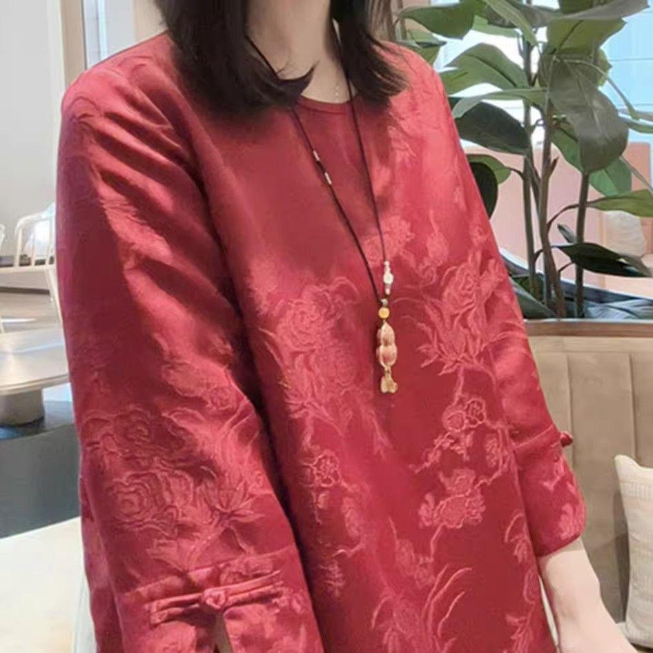 Spring Retro Embroidery Jacquard Mid-Sleeve Top: Chinese Style Artistic Plus Size Round Neck