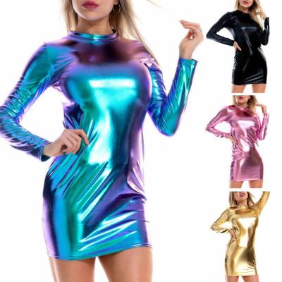 Vestido de mujer de piel sintética suave, corte entallado, color sólido, brillante, flaco, elástico, manga larga, cuello medio alto, por encima de la rodilla, minivestido de fiesta en club nocturno