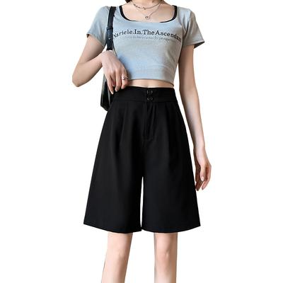 Fünf-Punkt Anzugshorts Damen Sommer Dünn Hochtailliert Dünn Locker Lässig A-Linie Doppelknopf Weitbeinige Hosen