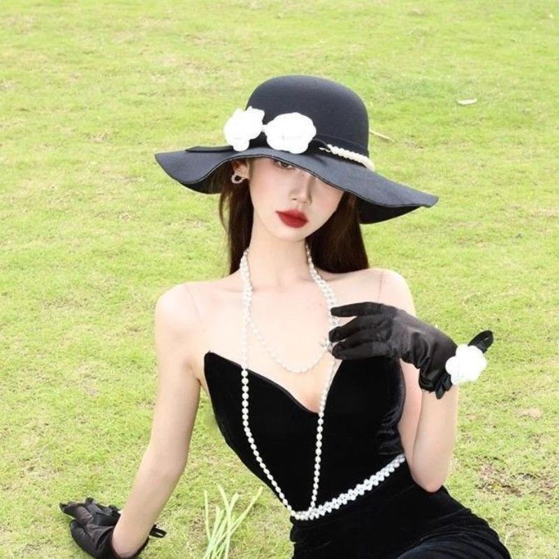 Autumn and Winter Hat Women's Bowler Hat Pearl Flower Big Brim Felt Jazz Hat