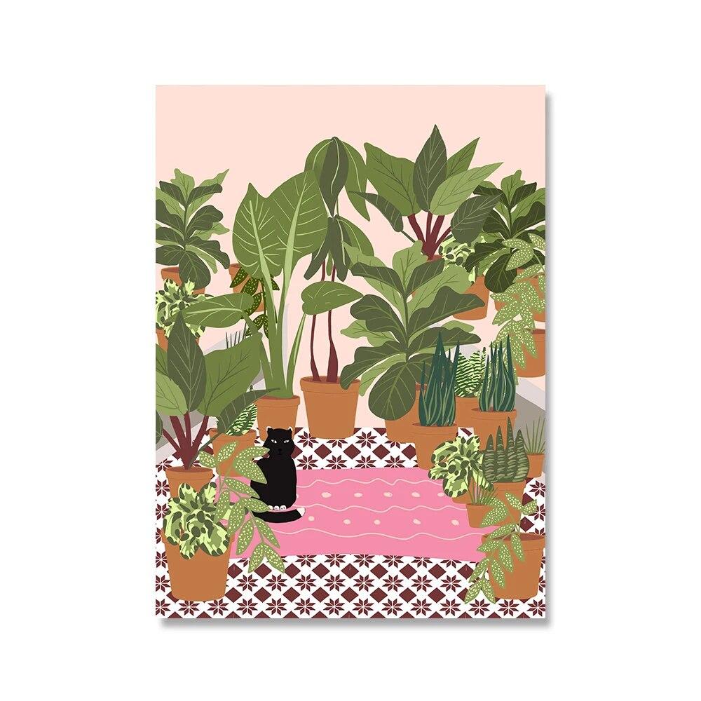 

Постеры с мультяшным черным котом и растениями, скандинавская настенная живопись на холсте, уличная ванна, принты, забавные картинки для ванной комнаты, домашний декор без рамки 21*30cm