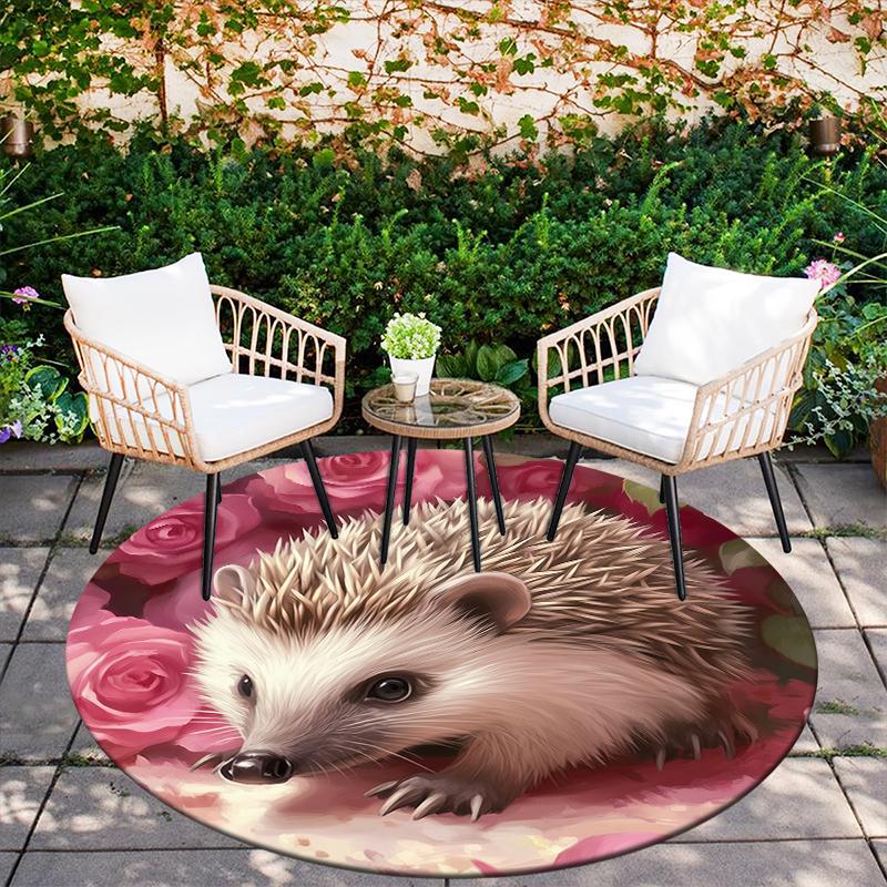 Rose and Hedgehog Pattern Round rug,Carpet Rug for Living Room Bedroom Playroom ,Non-slip Floor Mat,Holiday Gifts and Birthday Gifts.