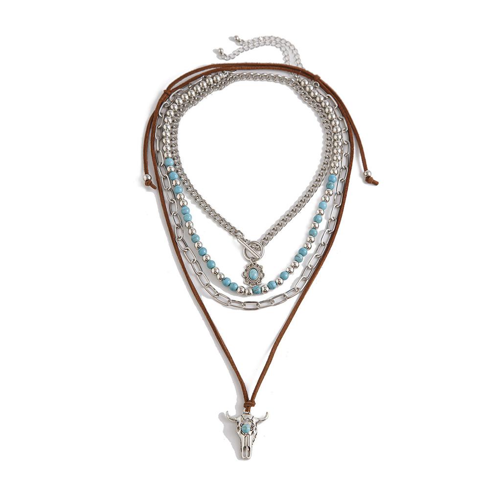 Retro Imitation Turquoise Cow Head Collarbone Necklace, Exotic Ethnic Style Cactus Stacked With Beaded Necklace