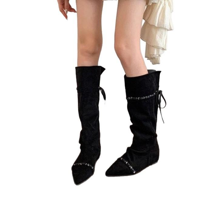 "Wasteland Spice Girls" Innenerhöhung Western-Cowboystiefel Damen Herbst und Winter Plüschstiefel Schnürstiefel Skinny Kniestiefel