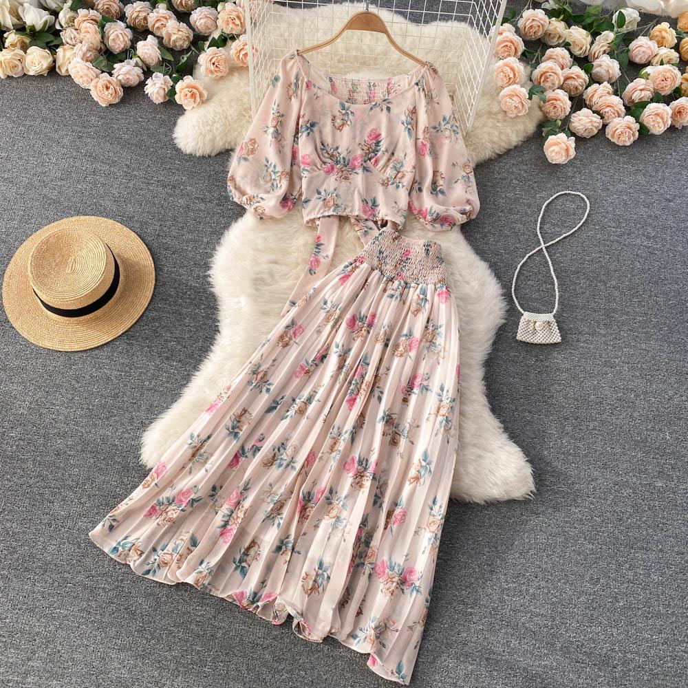 Holiday Style Suit Western Style Puff Sleeve Short Top High Waist Pleated Skirt Chiffon Floral Two-Piece Set