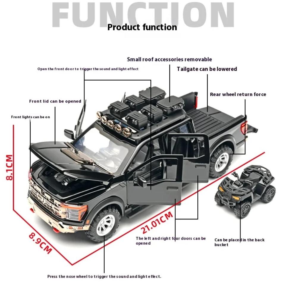 1/24 Scale Ford Raptor Pickup F-150 Alloy Car Model Simulation Off-Road Vehicle, Boy Gift, Sound and Light Children's Toy Ornaments