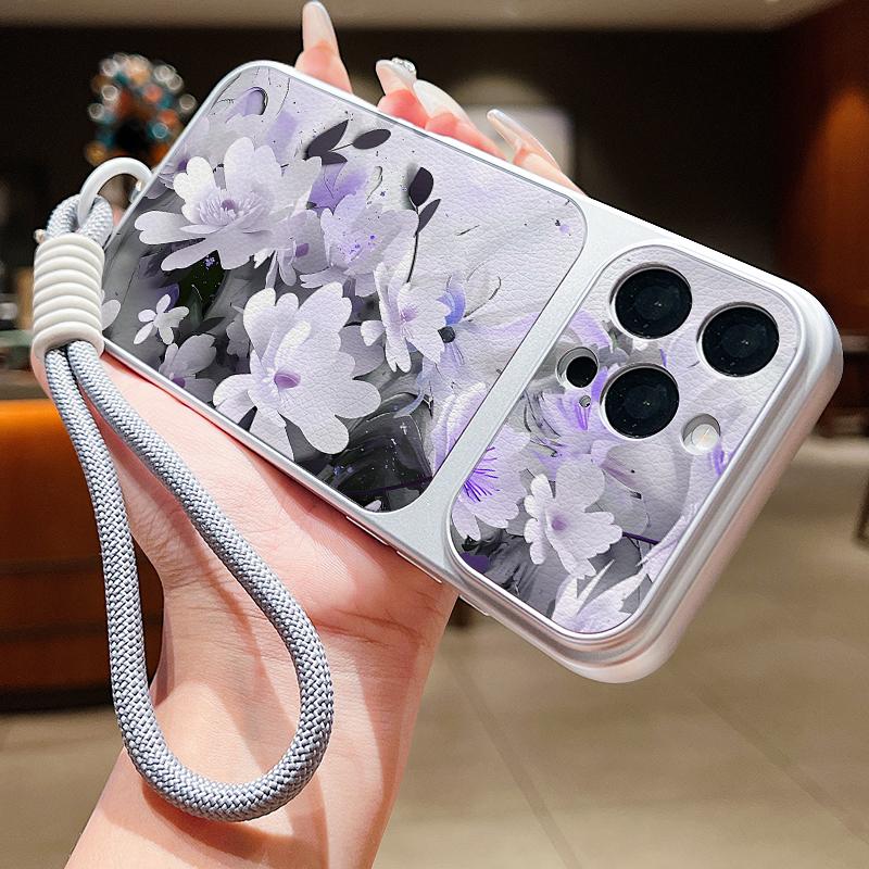 INS Watercolor Floral Leather Lanyard Case For iPhone 18 Pro Max 17 16 15 14 13 Pro Max Luxury Hybrid TPU+PU Anti-skid Soft Phone Cover