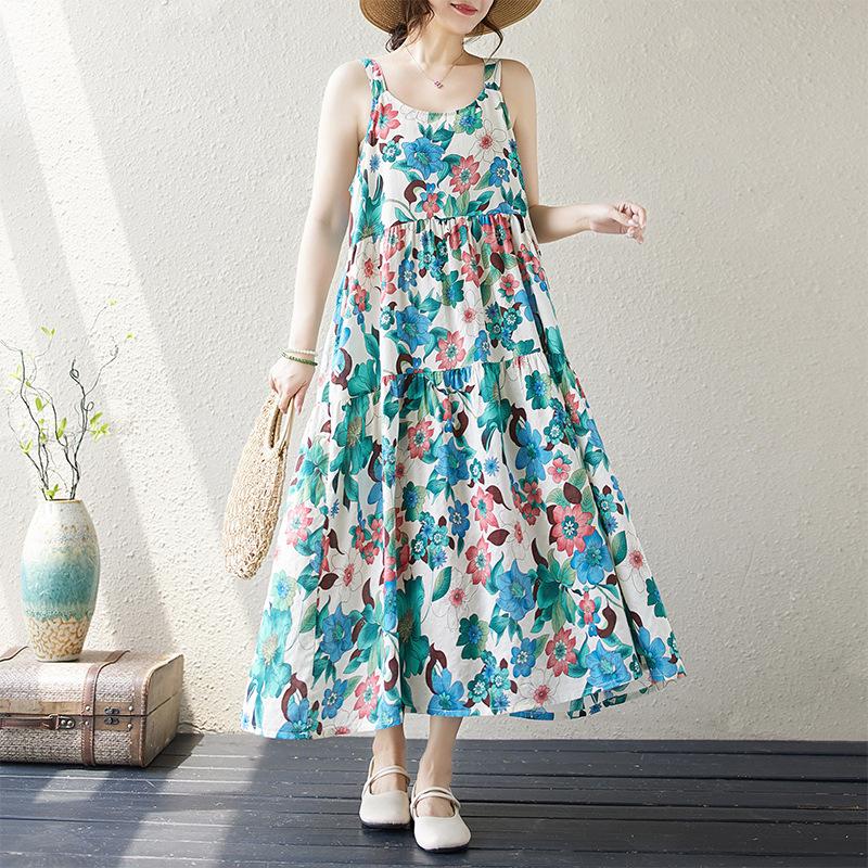 Summer Art Retro Pullover Sleeveless Vest Loose Plus Size A-line Dress for Women Casual Dresses