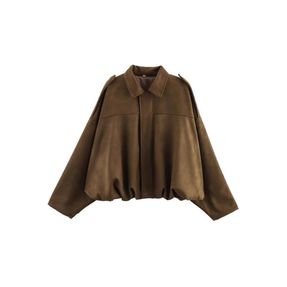 Women's Polo Neck Long Sleeve Bomber Jacket Loose Fit Streetwear Outerwear Suede Texture Coat