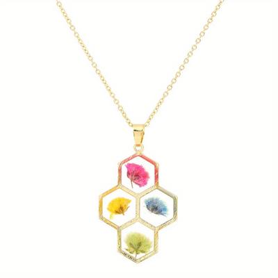 Colar com pingente de flor seca de dopamina em favo de mel de resina Acessório perfeito para glamour diário