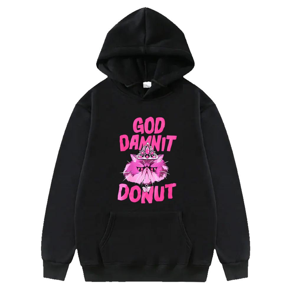 Dungeon Crawler Carl God Dammit Donut Cat Hoodie Long Sleeve Harajuku Trendy Sweatshirts Women Men Casual High Street Pullovers XS чёрный