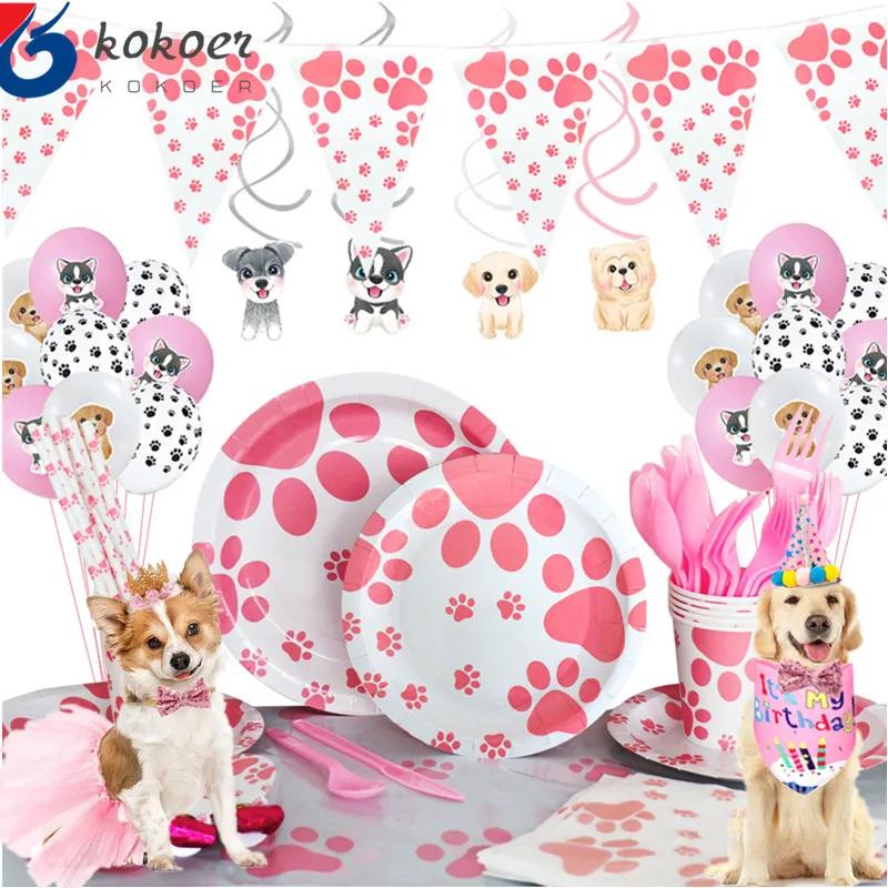 1 sett Rosa Hund Jente Bursdagsfestutstyr Hundepoteavtrykk Tallerkener Kopper Servietter Ballong Gratulerer med dagen Banner Kaketopp Dekorer