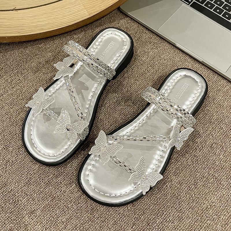 With Skirt Fashion Sandals Women's Summer Spring New Flat-bottomed Bow Flip-flops Fairy Wind Water Diamond Beach Slippers