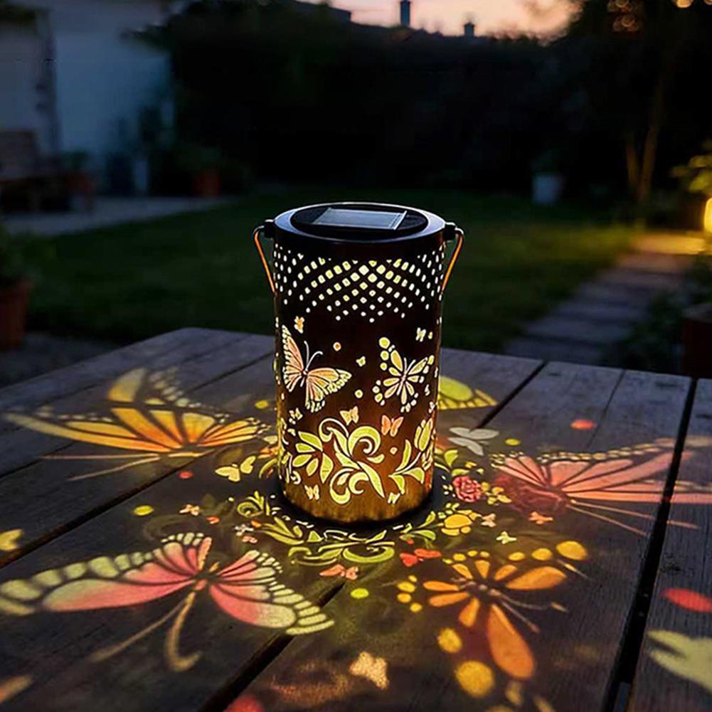 Solar Powered Hanging Lantern Retro Butterfly Projection LED Garden Light Auto On/Off Outdoor Decor Lamp for Patio/Yard/Tree