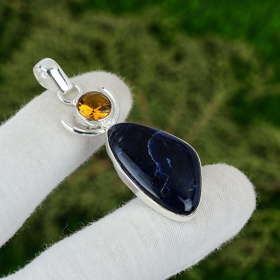 925 Sterling Silver Sodalite Stone Citrine Third Eye Chakra Trendy Wife Pendant