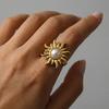 Stainless Steel Sunflower Adjustable Ring for Women Fashion Metal Inlaid Imitation Pearl Adjustable Rings Non Fading Zircon