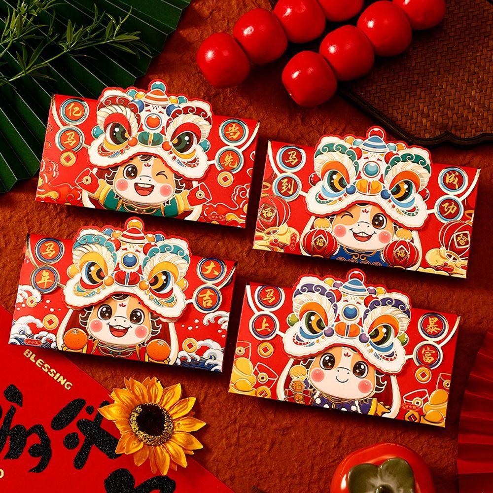 4pcs Cartoon New Year Money Envelope Paper Craft Mixed Pattern Lucky Money Bag Blessing Thickened 2026 Horse Year Red Pockets