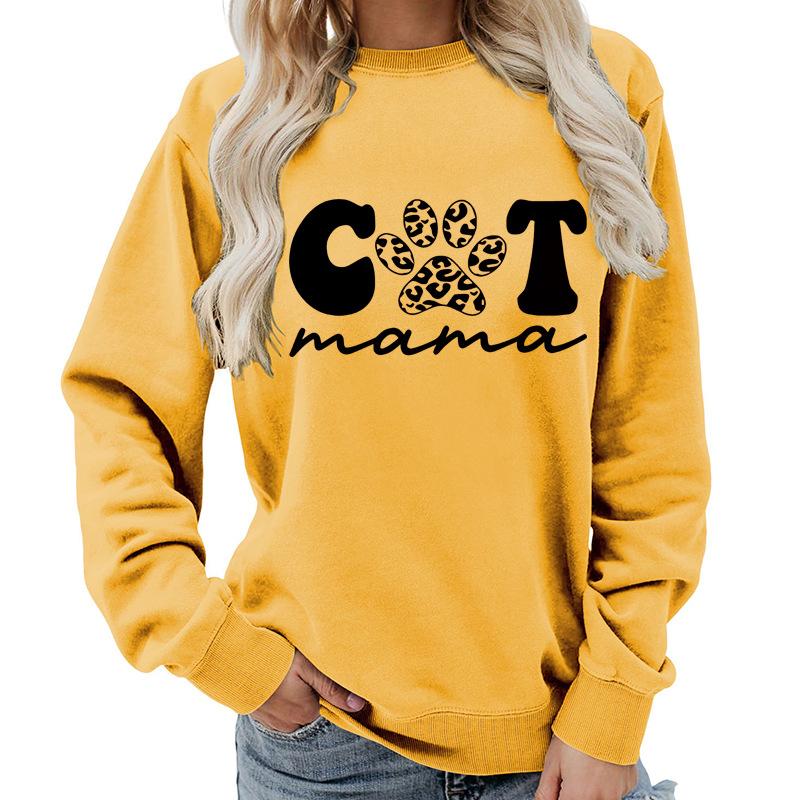 Women's Fashion Round Neck Long Sleeve Colorful Cat  Letter Top Sweatshirt