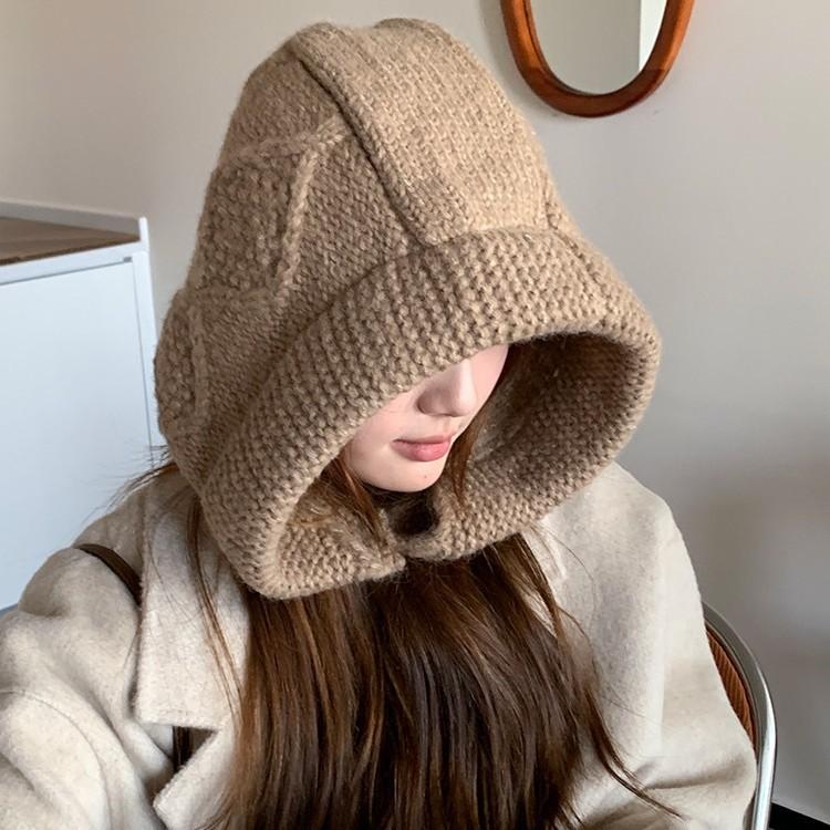 Korean Winter New Version of Balaclava Hat for Women's Warm Thick Crumpled Horn Buckle Ear Protection Head Hat