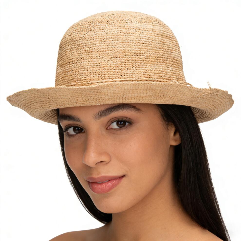 (One Size, Beige) Women's Raffia Sun Hats Fashionable Sun Protection Straw Bucket Caps for Outdoor Travel