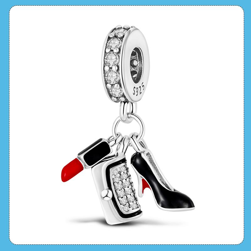 

Berloque, женская сумка с серебряными бусинами 925 пробы, помада, туфли на высоком каблуке, подвеска, подходит для брендового браслета, подарок для девочки