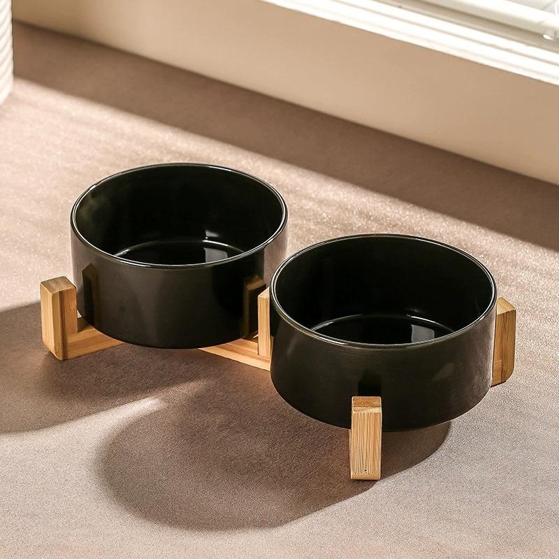 3pcs/set (1pc rack + 2pcs bowl) Non-Slip Ceramic Double Pet Food Bowl for Cats and Dogs - Prevents Spills and Slips